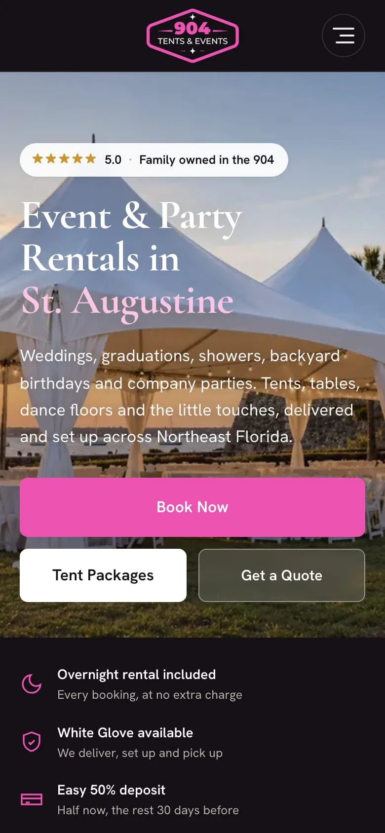 904 Tents & Events homepage on a phone