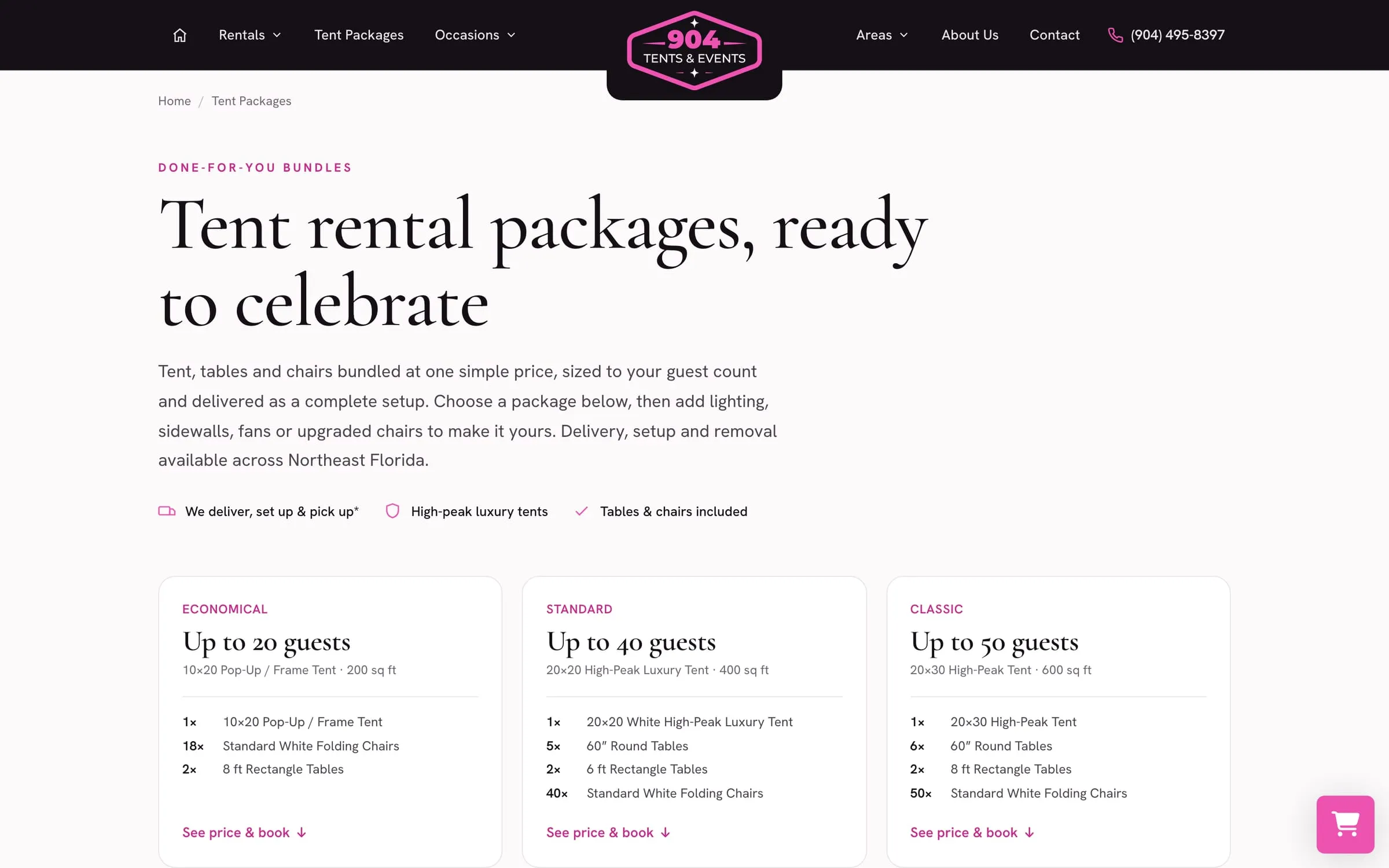 904 Tents & Events tent package page with bundles sized by guest count