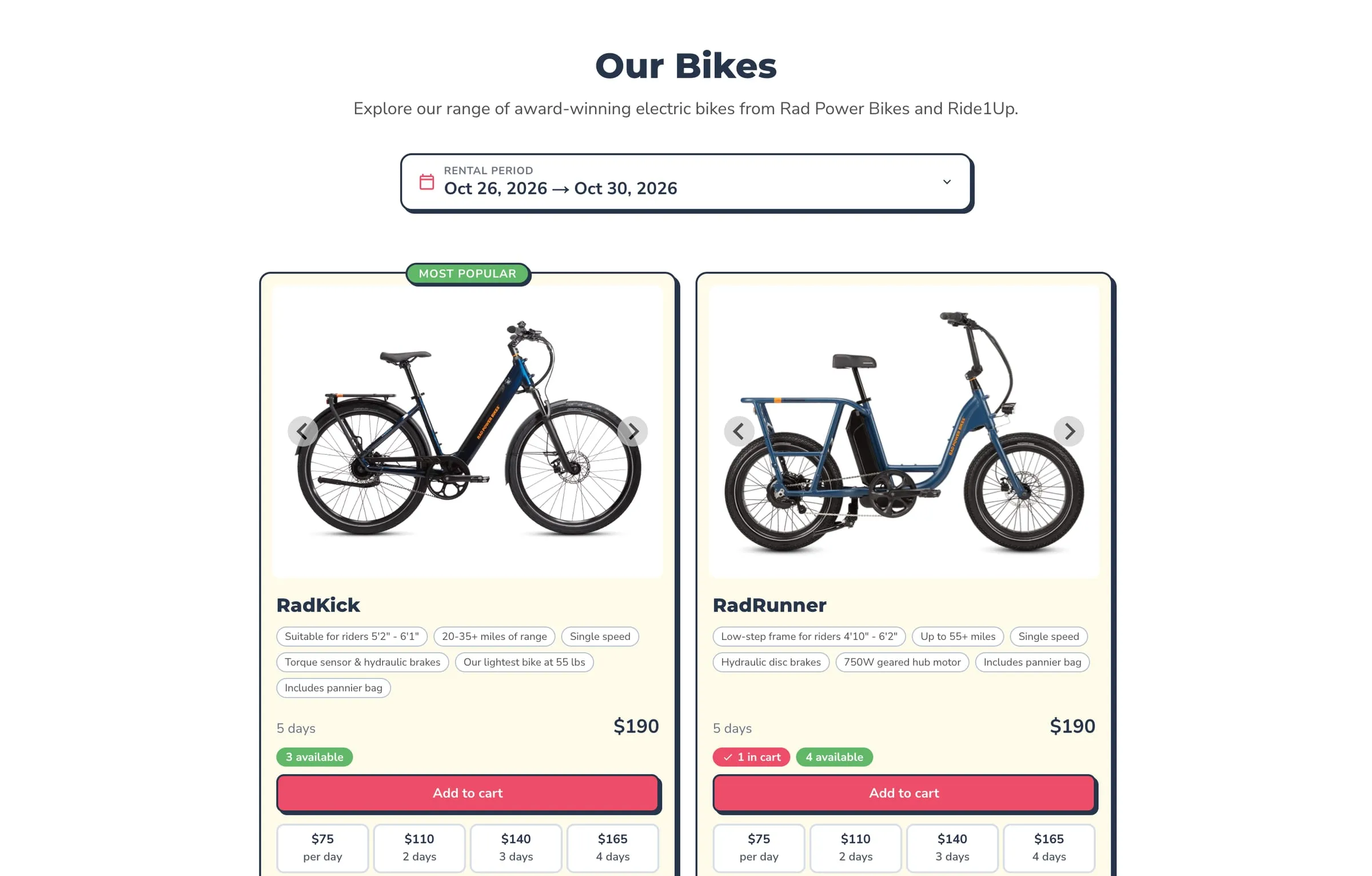 Naples Electric Bikes fleet with live availability and pricing for the selected dates