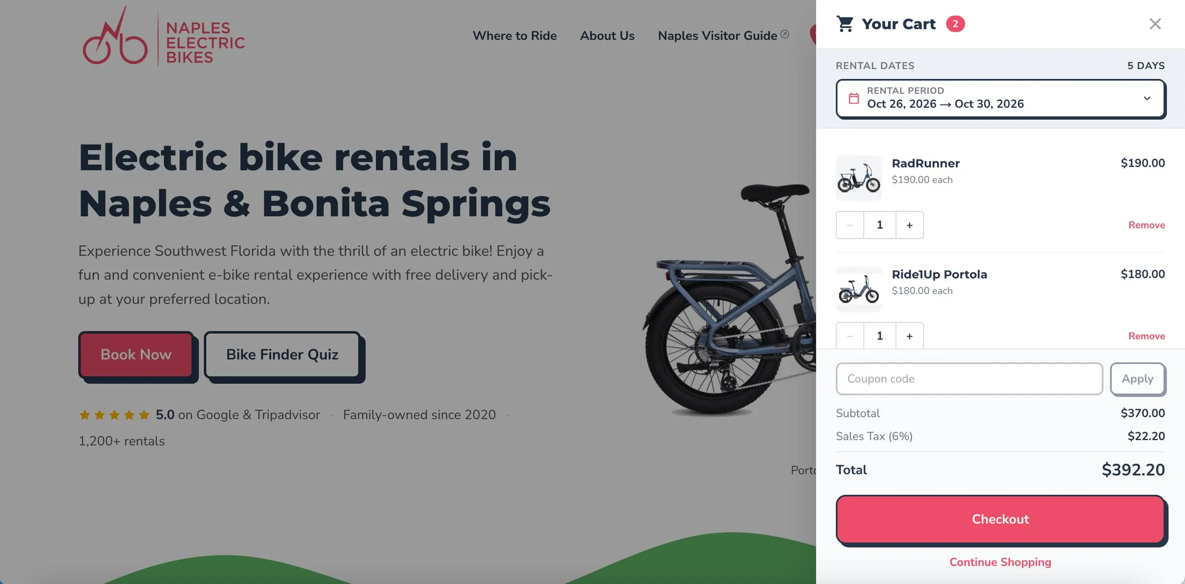 Naples Electric Bikes cart drawer with rental dates, bikes and total