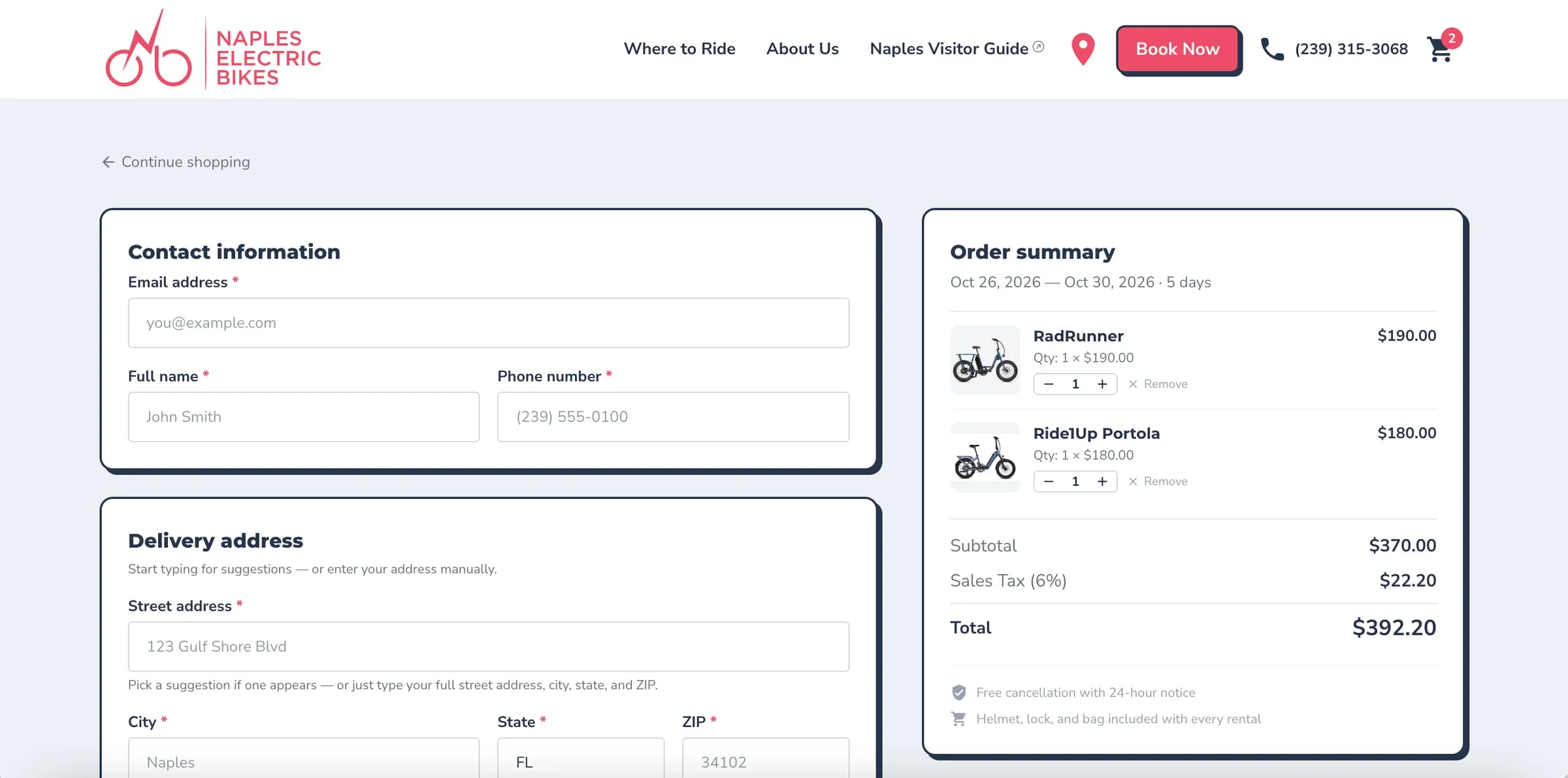 Naples Electric Bikes checkout with contact details, delivery address and order summary