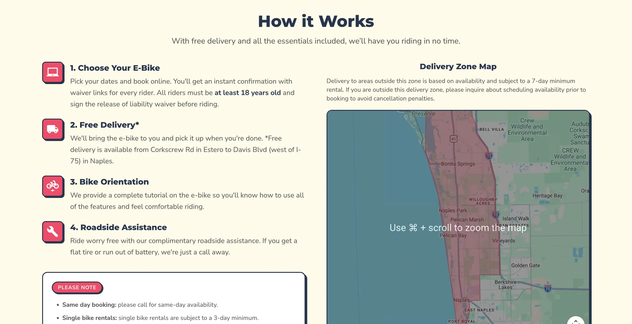 How it works section with the delivery zone map