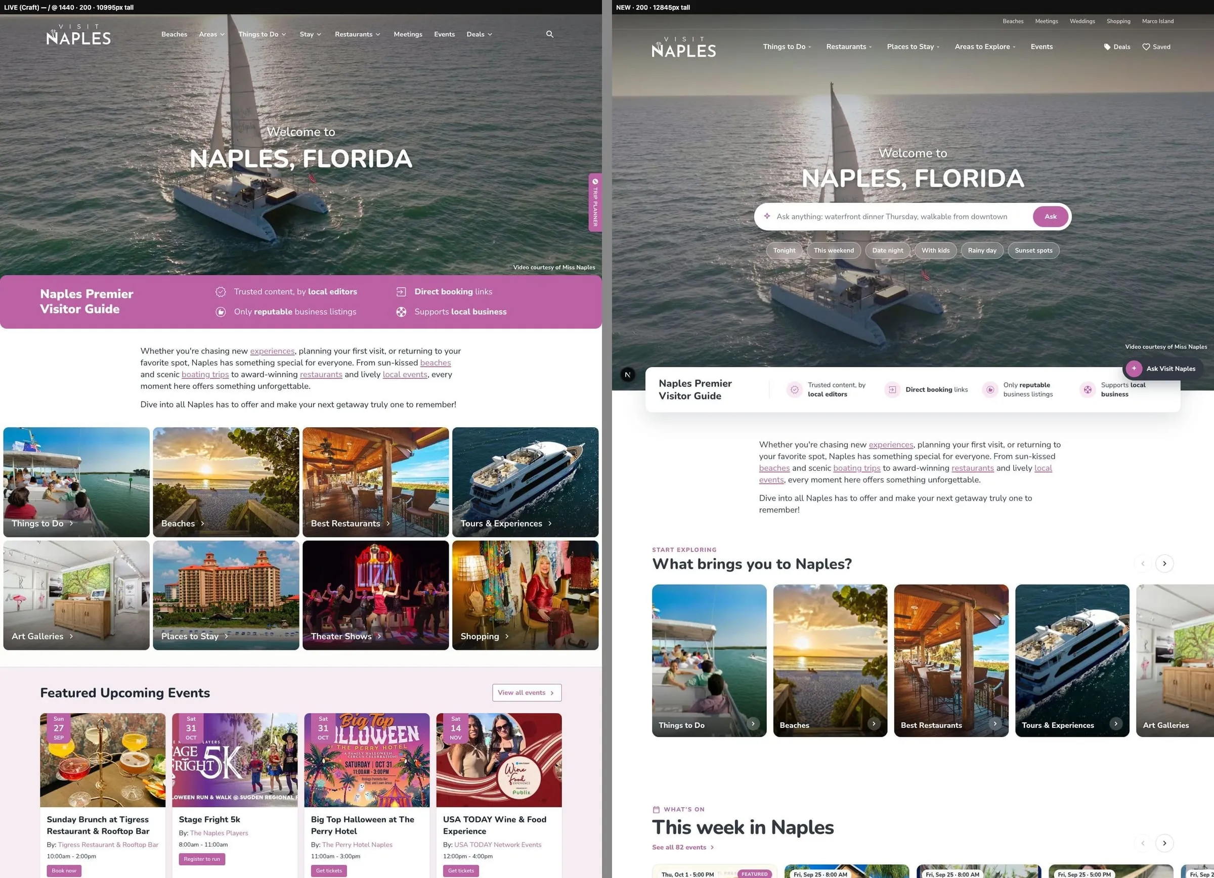 Side-by-side comparison of the Craft CMS Visit Naples homepage and the new platform